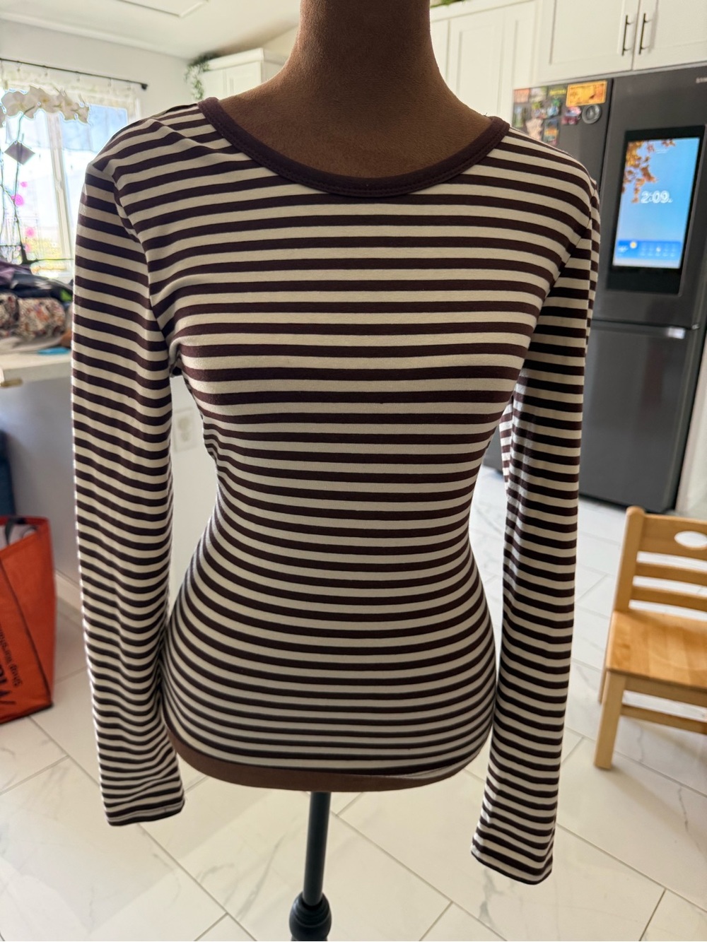 Striped Long-Sleeve Crewneck Top in Brown & White